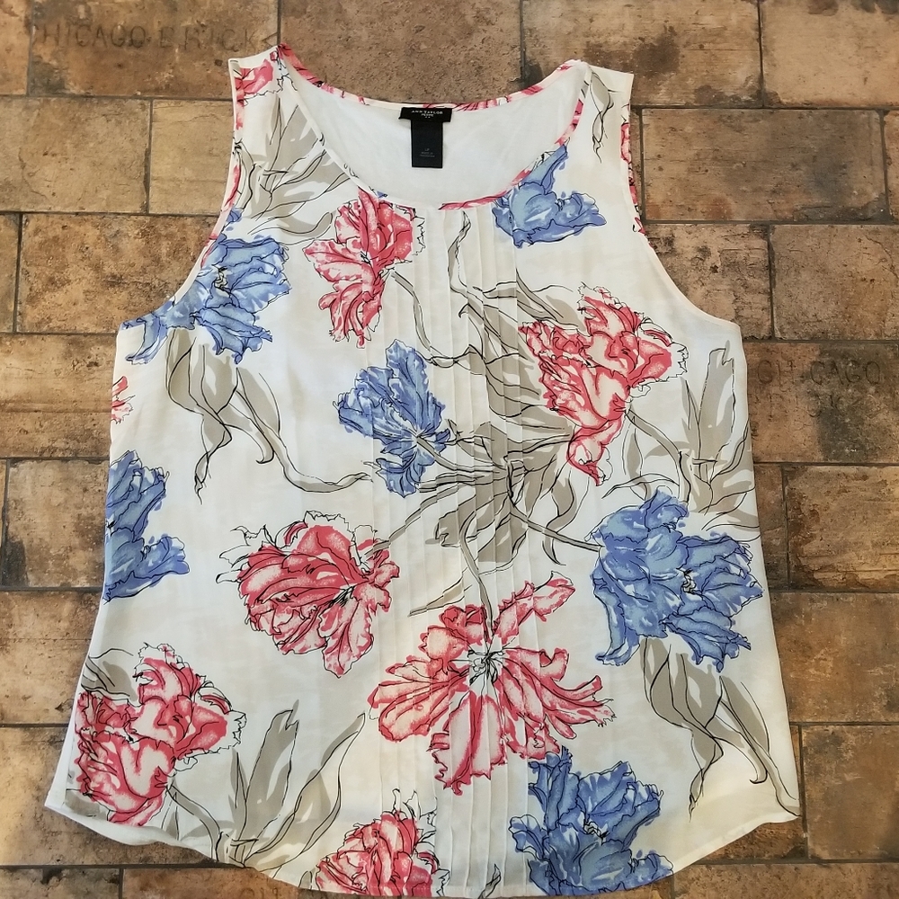 Loft Sz Large LP Petite Tank Top Cream Pink & Blue Floral Print
